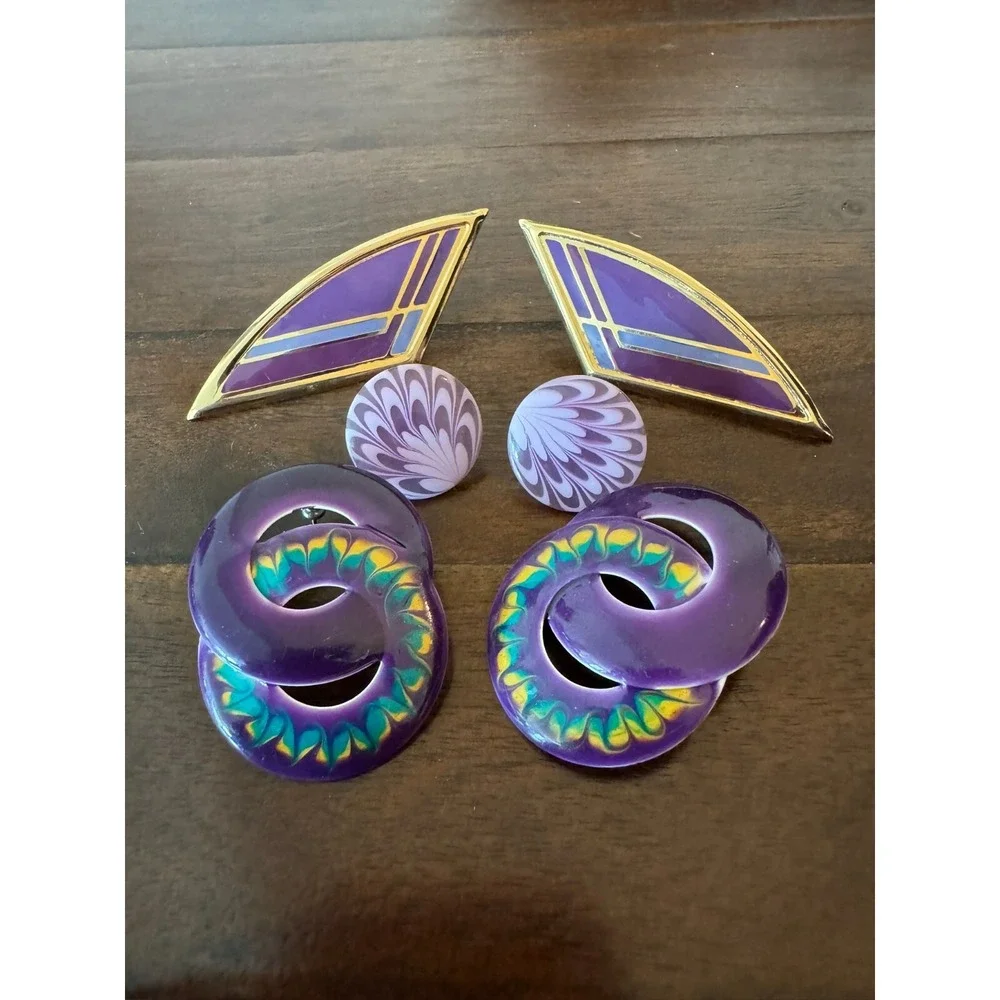 3 Pair Vintage Purple Earrings Metal and‎ Plastic Women Pierced Ears